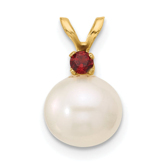 14k Yellow Gold 14k 8-8.5mm White Round Freshwater Cultured Pearl and .09GA Garnet Pendant