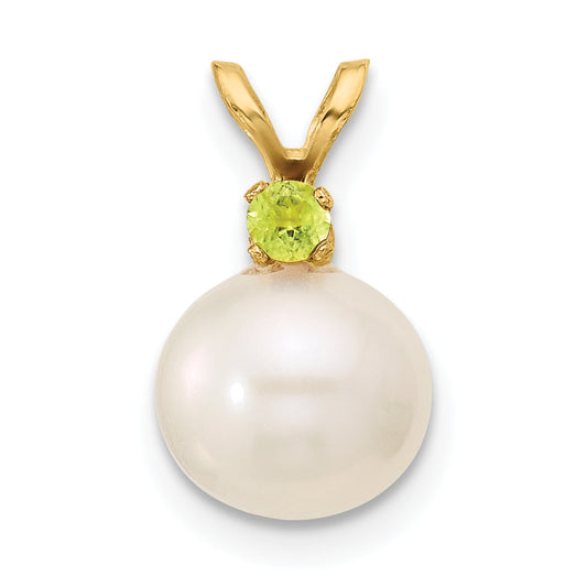 14k Yellow Gold 14k 8-8.5mm White Round Freshwater Cultured Pearl and .07PE Peridot Pendant