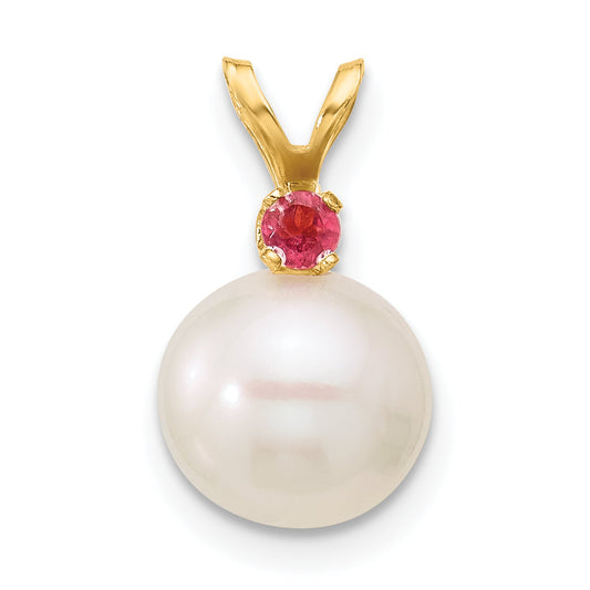 14k Yellow Gold 14k 8-8.5mm White Round Freshwater Cultured Pearl and .07PT Peridot Pendant
