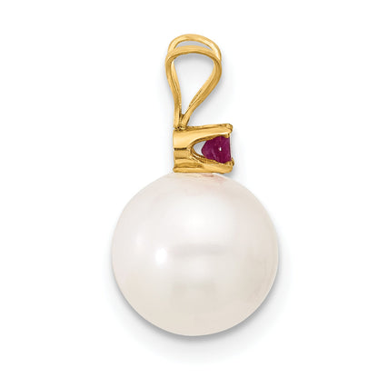 14k Yellow Gold 14k 8-8.5mm White Round Freshwater Cultured Pearl and .09RU Ruby Pendant