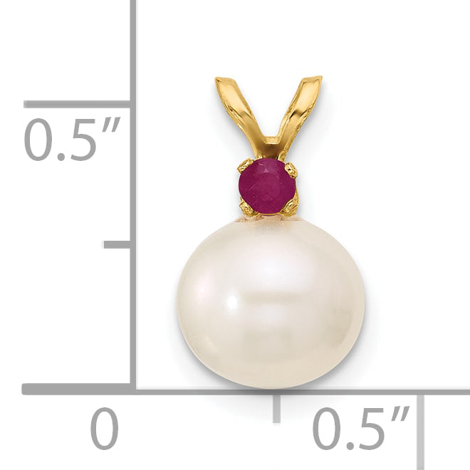 14k Yellow Gold 14k 8-8.5mm White Round Freshwater Cultured Pearl and .09RU Ruby Pendant