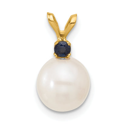 14k Yellow Gold 14k 8-8.5mm White Round Freshwater Cultured Pearl and .09SA Sapphire Pendant