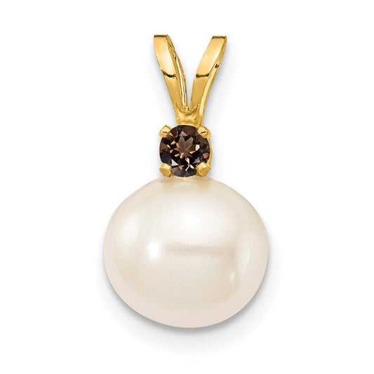 14k Yellow Gold 14k 8-8.5mm White Round Freshwater Cultured Pearl and .09SQ Smoky Quartz Pendant