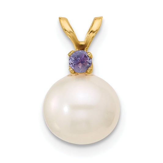 14k Yellow Gold 14k 8-8.5mm White Round Freshwater Cultured Pearl and .07TZ Tanzanite Pendant
