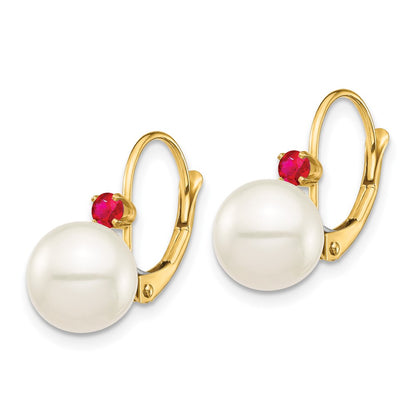 14K Yellow Gold 8 8.5mm White Round Freshwater Cultured Pearl And .18Ru Ruby Leverback Earrings