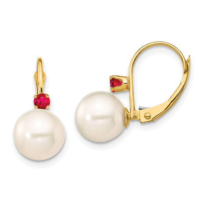 14K Yellow Gold 8 8.5mm White Round Freshwater Cultured Pearl And .18Ru Ruby Leverback Earrings