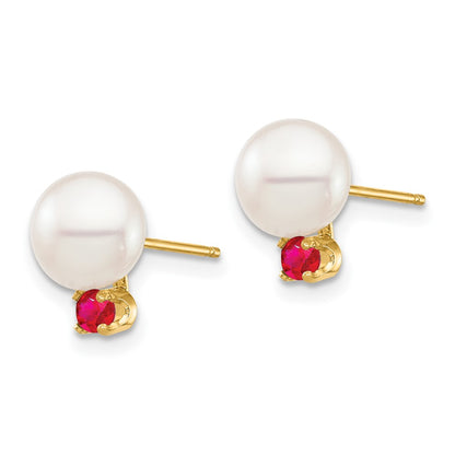 14K Yellow Gold 7 7.5mm White Round Freshwater Cultured Pearl And .18Ru Ruby Post Earrings