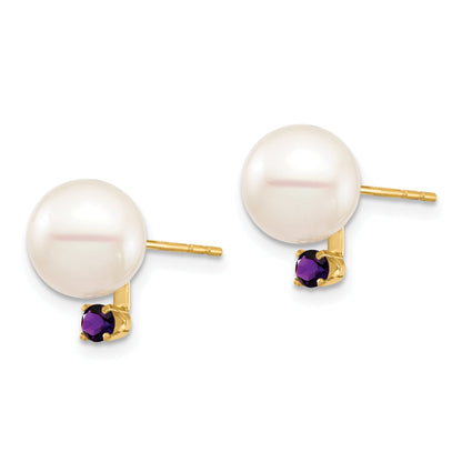 14K Yellow Gold 8 8.5mm White Round Freshwater Cultured Pearl And .14Am Amethyst Post Earrings
