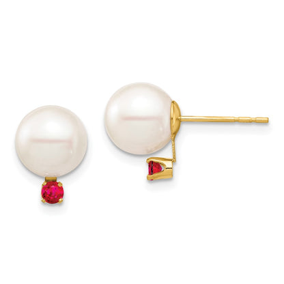 14K Yellow Gold 8 8.5mm White Round Freshwater Cultured Pearl And .18Ru Ruby Post Earrings