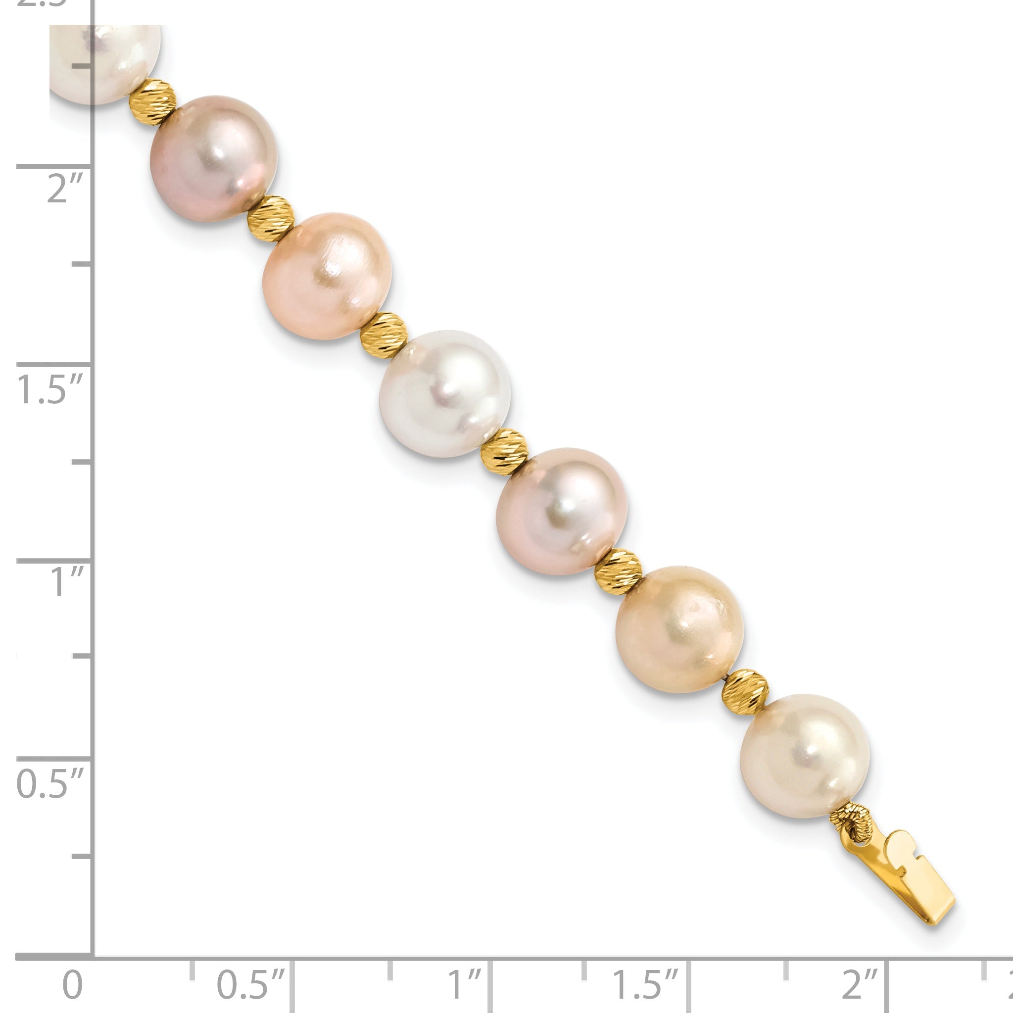 14K Yellow Gold 8 9mm Pink/Purple/White Semi Round Freshwater Cultured Pearl And Diamond Cut Beaded 7.5 Inch Bracelet