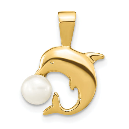 14k Yellow Gold 14k 5-6mm White Button Freshwater Cultured Pearl Dolphin Pendant