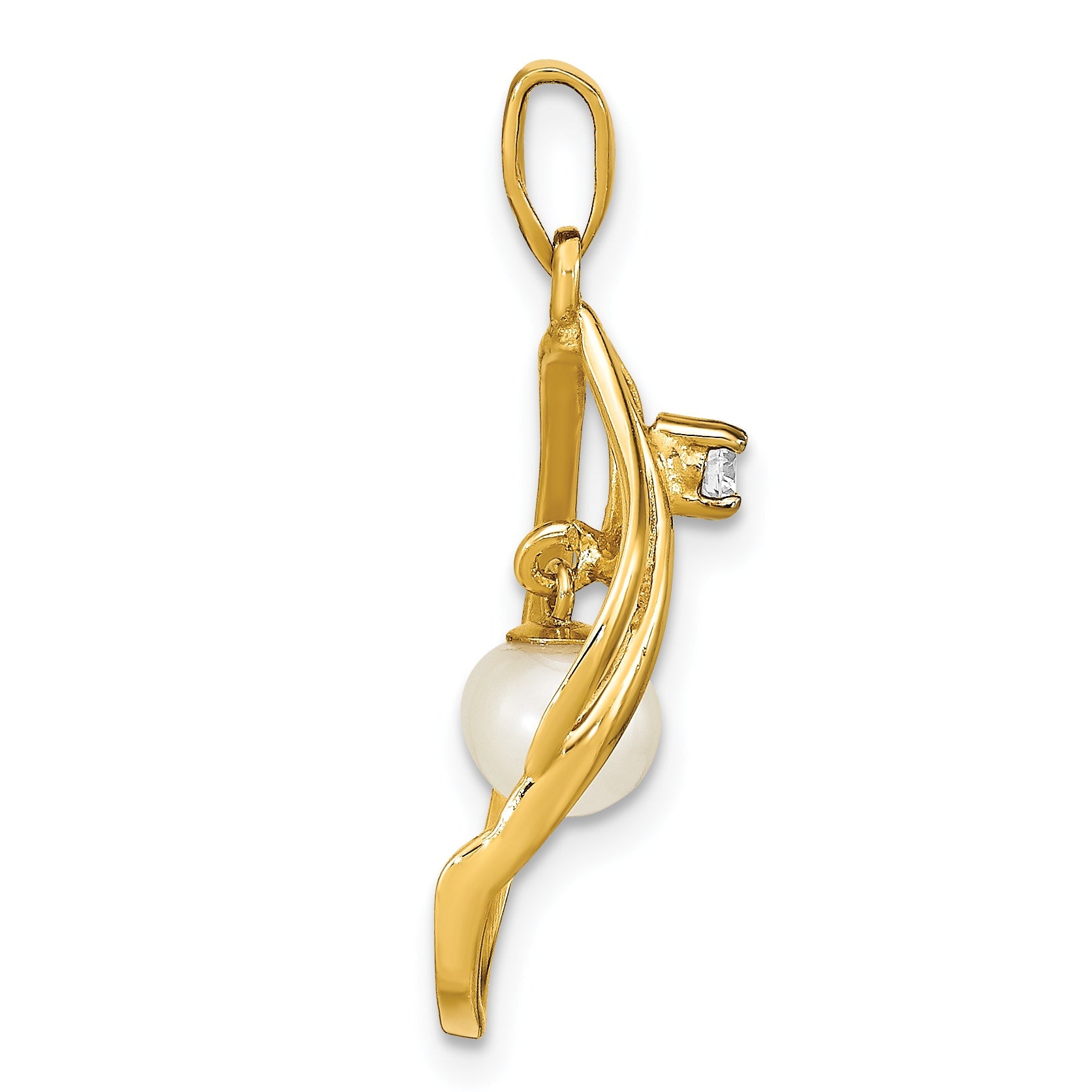 14k Yellow Gold 14k 5-6mm White Round Freshwater Cultured Pearl and .05 Carat Diamond Pendant