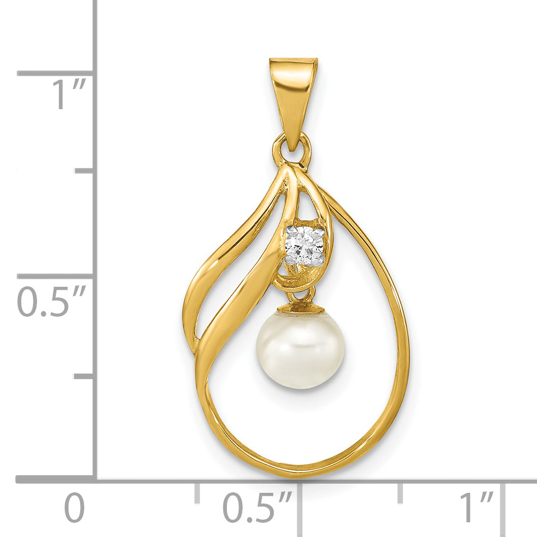 14k Yellow Gold 14k 5-6mm White Round Freshwater Cultured Pearl and .05 Carat Diamond Pendant