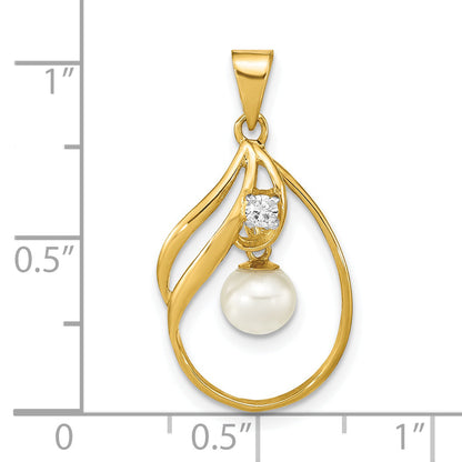 14k Yellow Gold 14k 5-6mm White Round Freshwater Cultured Pearl and .05 Carat Diamond Pendant