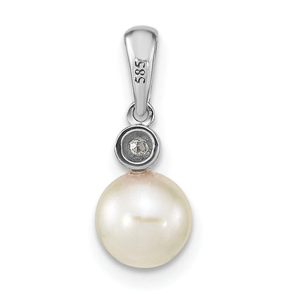 14k White Gold 14k White Gold 6-7mm Round White Akoya Saltwater Cultured Pearl and .05 Carat Diamond Pendant