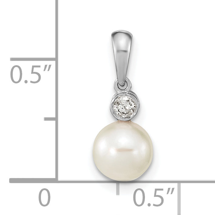 14k White Gold 14k White Gold 6-7mm Round White Akoya Saltwater Cultured Pearl and .05 Carat Diamond Pendant