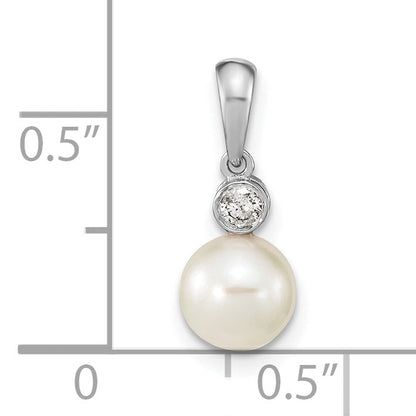 14k White Gold 14k White Gold 6-7mm Round White Akoya Saltwater Cultured Pearl and .05 Carat Diamond Pendant