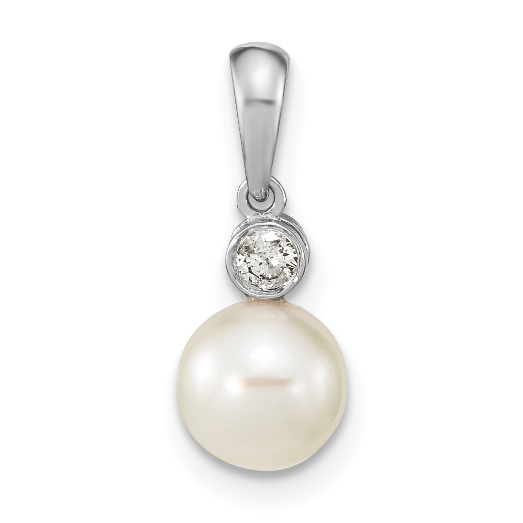 14k White Gold 14k White Gold 6-7mm Round White Akoya Saltwater Cultured Pearl and .05 Carat Diamond Pendant