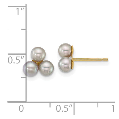 14K Yellow Gold 3-4mm Button Grey Freshwater Cultured 3 Pearl Post Earrings