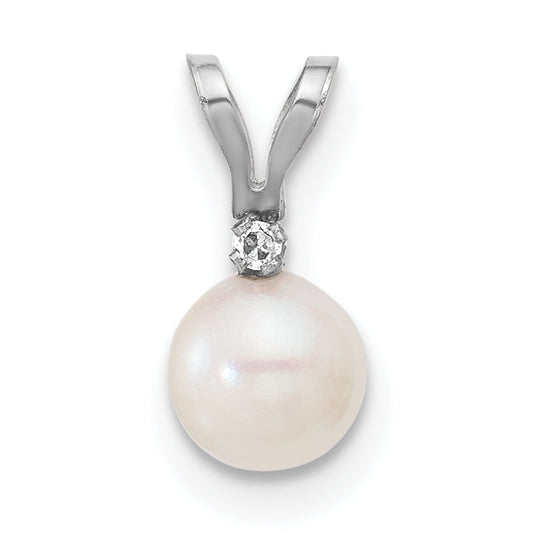 14k White Gold 14k White Gold 5-6mm White Round Akoya Saltwater Cultured Pearl and .01 Carat Diamond Pendant