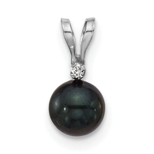 14k White Gold 14k White Gold 5-6mm Black Round Akoya Saltwater Cultured Pearl and .01 Carat Diamond Pendant