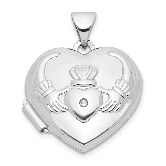 14k White Gold 14k White Gold Diamond Heart Claddagh Locket