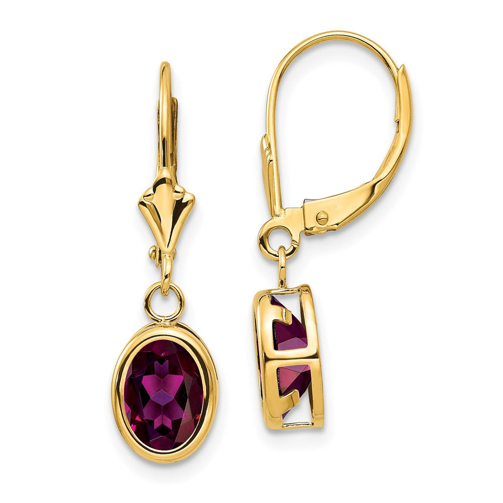 14k Yellow Gold 8x6mm Oval Rhodolite Garnet Leverback Earrings