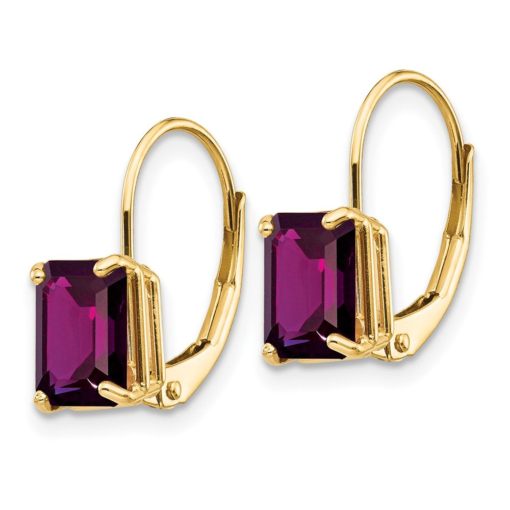 14k Yellow Gold 7x5mm Emerald Cut Rhodolite Garnet Leverback Earrings