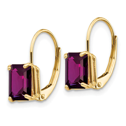 14k Yellow Gold 7x5mm Emerald Cut Rhodolite Garnet Leverback Earrings
