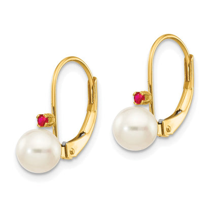 14K Yellow Gold 5 5.5mm White Round Fw Cultured Pearl Ruby Leverback Earrings