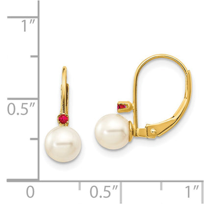 14K Yellow Gold 5 5.5mm White Round Fw Cultured Pearl Ruby Leverback Earrings