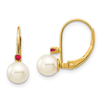 14K Yellow Gold 5 5.5mm White Round Fw Cultured Pearl Ruby Leverback Earrings
