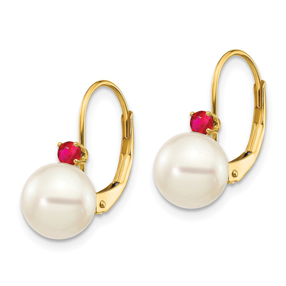 14K Yellow Gold 7 7.5mm White Round Fw Cultured Pearl Ruby Leverback Earrings