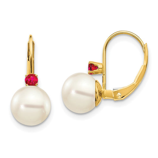 14K Yellow Gold 7 7.5mm White Round Fw Cultured Pearl Ruby Leverback Earrings