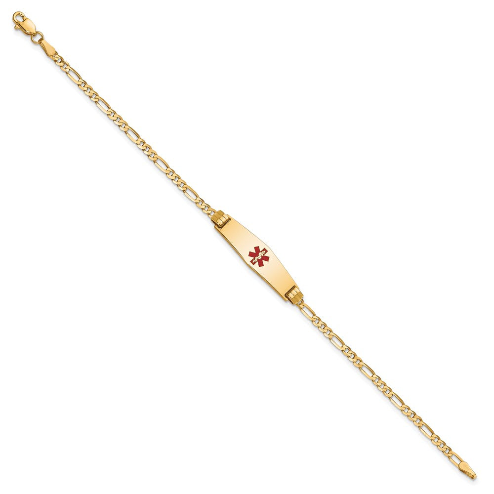 14K Yellow Gold Medical Solid Chain/Solid Plate 24X7mm Soft Diamond Shape Centered Red Enamel Figaro Link 8 Inch Id Bracelet