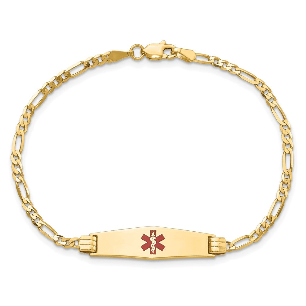 14K Yellow Gold Medical Solid Chain/Solid Plate 24X7mm Soft Diamond Shape Centered Red Enamel Figaro Link 8 Inch Id Bracelet
