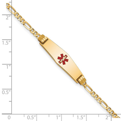 14K Yellow Gold Medical Solid Chain/Solid Plate 24X7mm Soft Diamond Shape Centered Red Enamel Figaro Link 8 Inch Id Bracelet