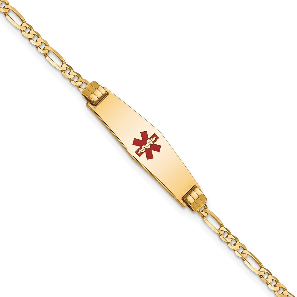 14K Yellow Gold Medical Solid Chain/Solid Plate 24X7mm Soft Diamond Shape Centered Red Enamel Figaro Link 7 Inch Id Bracelet