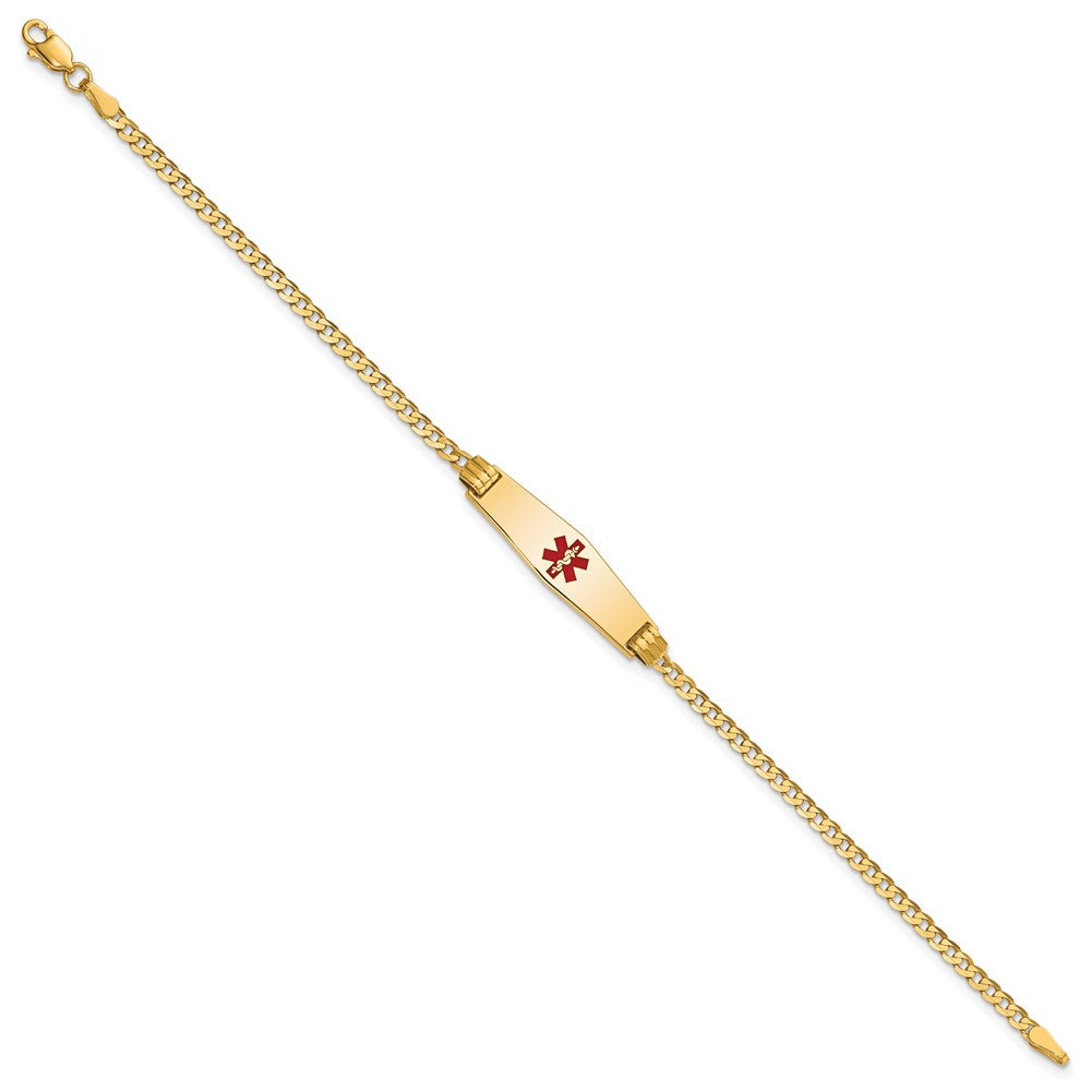 14K Yellow Gold Medical Solid Chain/Solid Plate 24X7mm Soft Diamond Shape Centered Red Enamel Curb Link 7 Inch Id Bracelet