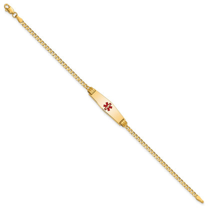 14K Yellow Gold Medical Solid Chain/Solid Plate 24X7mm Soft Diamond Shape Centered Red Enamel Curb Link 7 Inch Id Bracelet