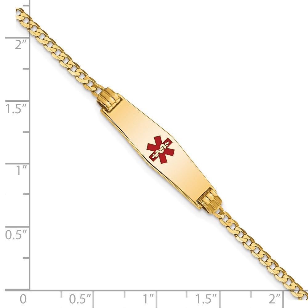 14K Yellow Gold Medical Solid Chain/Solid Plate 24X7mm Soft Diamond Shape Centered Red Enamel Curb Link 7 Inch Id Bracelet