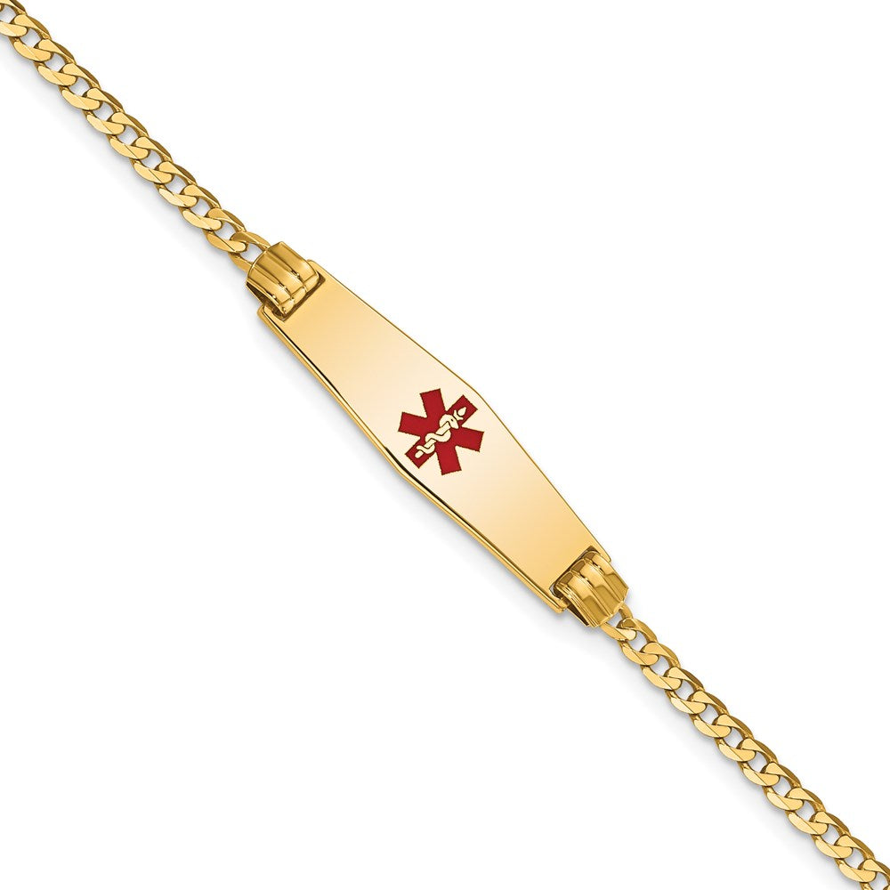 14K Yellow Gold Medical Solid Chain/Solid Plate 24X7mm Soft Diamond Shape Centered Red Enamel Curb Link 7 Inch Id Bracelet