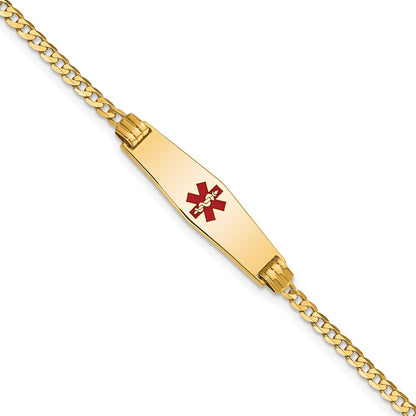 14K Yellow Gold Medical Solid Chain/Solid Plate 24X7mm Soft Diamond Shape Centered Red Enamel Curb Link 7 Inch Id Bracelet