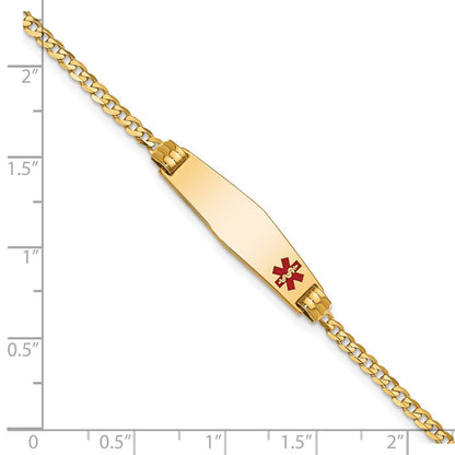 14K Yellow Gold Medical Solid Chain/Solid Plate 26X7mm Soft Diamond Shape Off Center Red Enamel Curb Link 7 Inch Id Bracelet
