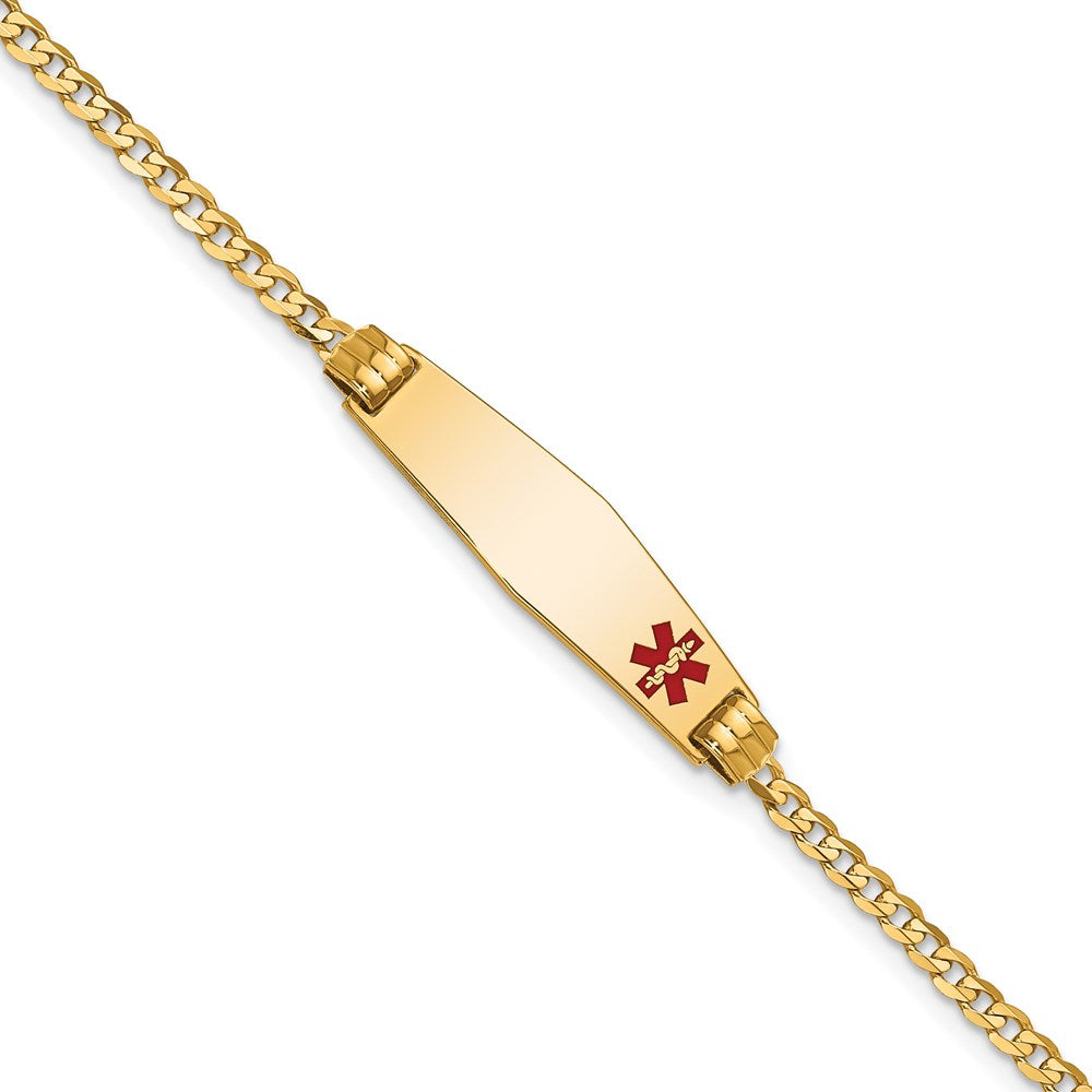 14K Yellow Gold Medical Solid Chain/Solid Plate 26X7mm Soft Diamond Shape Off Center Red Enamel Curb Link 7 Inch Id Bracelet