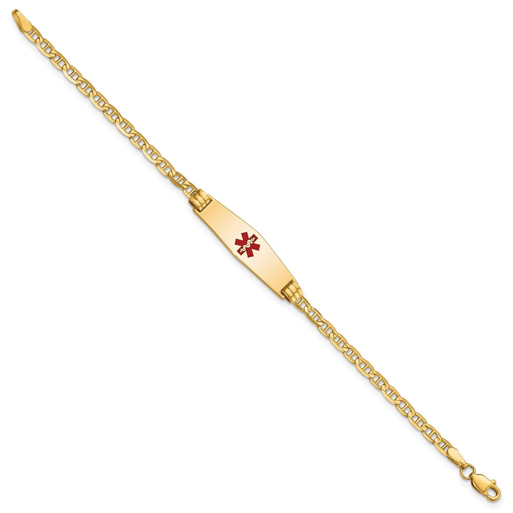 14K Yellow Gold Medical Solid Chain/Solid Plate 25X7mm Soft Diamond Shape Centered Red Enamel Anchor Link 6 Inch Baby/Child Id Bracelet