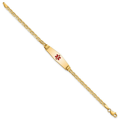 14K Yellow Gold Medical Solid Chain/Solid Plate 25X7mm Soft Diamond Shape Centered Red Enamel Anchor Link 6 Inch Baby/Child Id Bracelet
