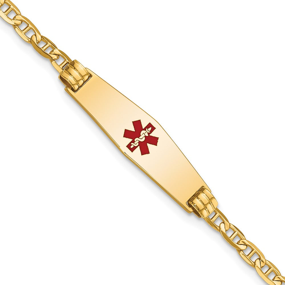 14K Yellow Gold Medical Solid Chain/Solid Plate 25X7mm Soft Diamond Shape Centered Red Enamel Anchor Link 6 Inch Baby/Child Id Bracelet
