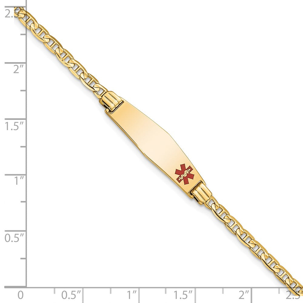14K Yellow Gold Medical Solid Chain/Solid Plate 26X7mm Soft Diamond Shape Off Center Red Enamel Anchor Link 6 Inch Baby/Child Id Bracelet