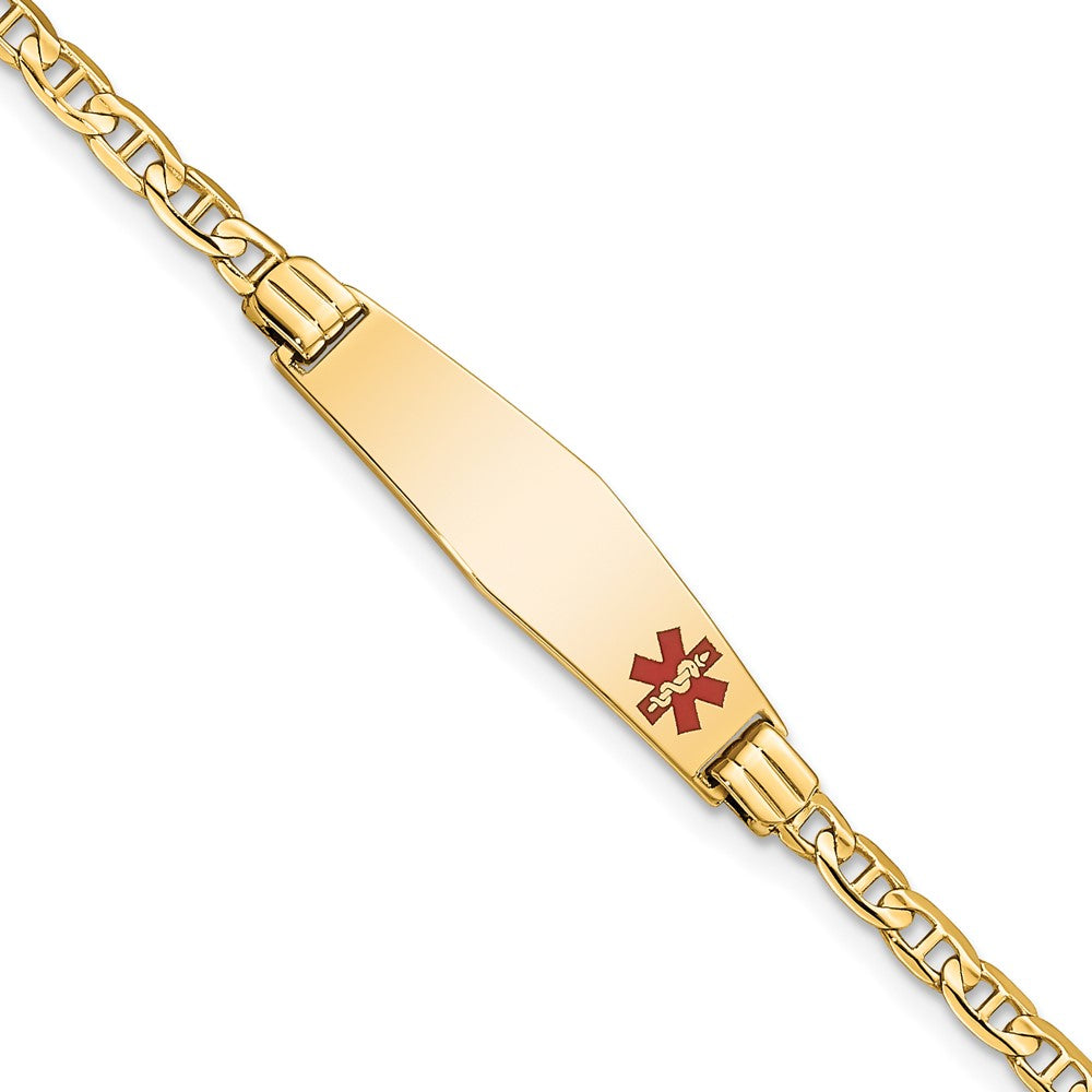 14K Yellow Gold Medical Solid Chain/Solid Plate 26X7mm Soft Diamond Shape Off Center Red Enamel Anchor Link 6 Inch Baby/Child Id Bracelet